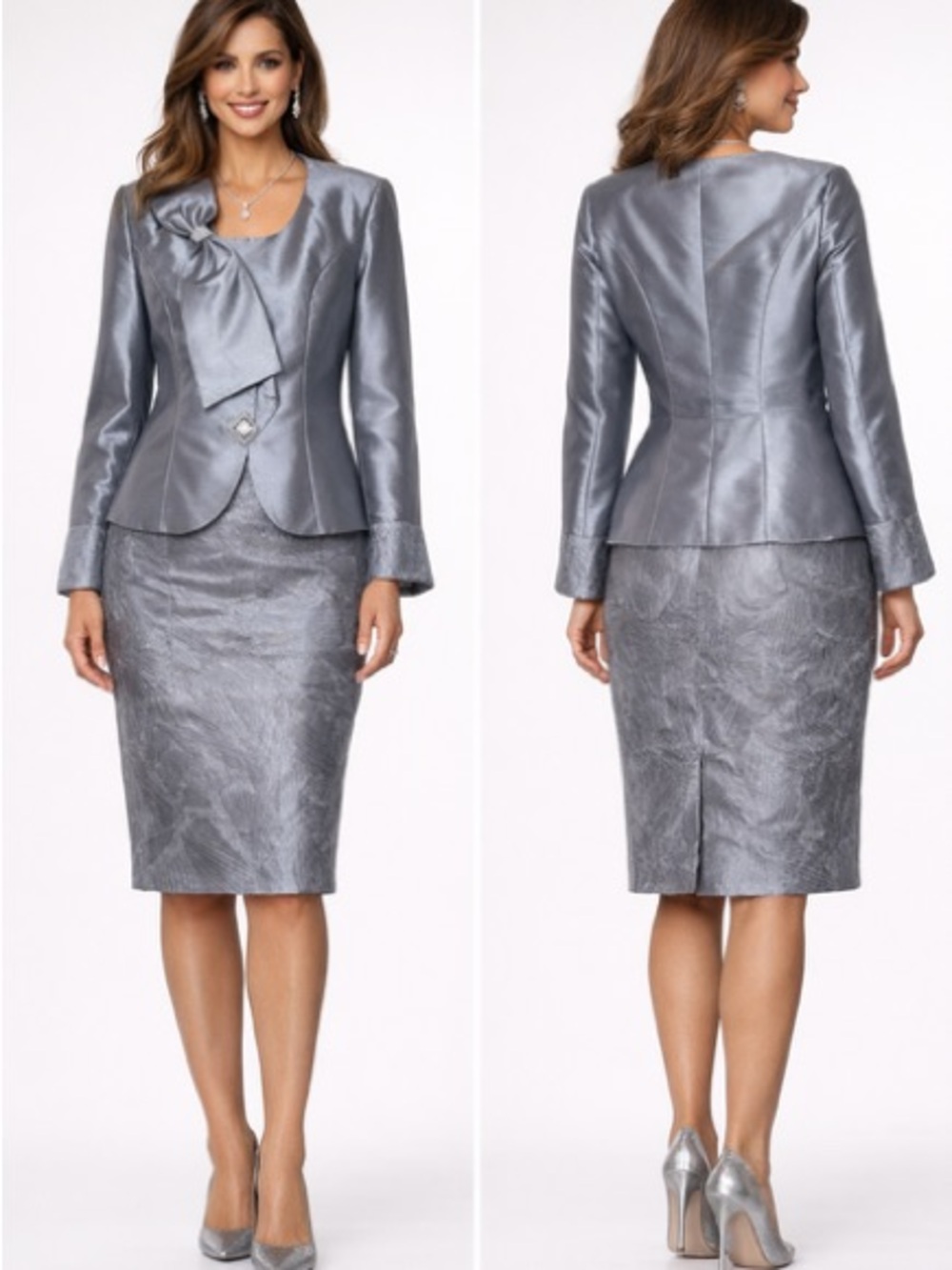 Luxe by EY Silver Metallic Two-Piece Lined Skirt Suit with Decorative Bow